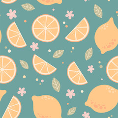 Lemon seamless pattern, flowers and leaves, vector