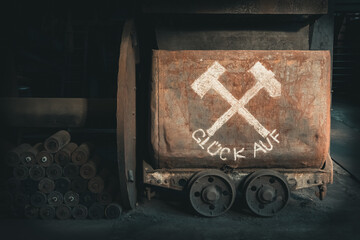 Old coal mining cart with the inscription Glueckauf (alternative spelling Glueck auf), the...