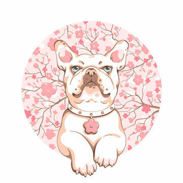 Cute cartoon french bulldog puppy on a floral background. Beautiful  animal with flowers. Stylish summer image for printing on any surface