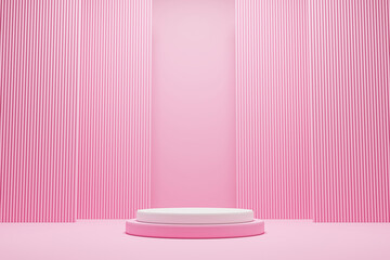 Blank pink and white cylinder podium on pink background, minimal concept,  showcase for product. 3D render