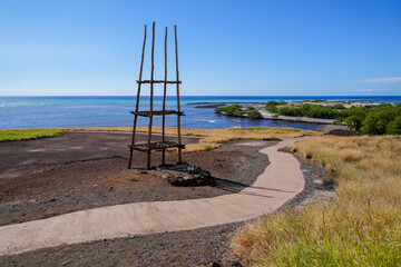 Wooden lele (offering tower) in the Pu'ukohola Heiau National Historic Site on the Big Island of...