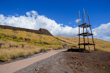 Wooden lele (offering tower) in the Pu'ukohola Heiau National Historic Site on the Big Island of Hawai'i in the Pacific Ocean