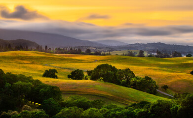 Fog streaming over rolling hills