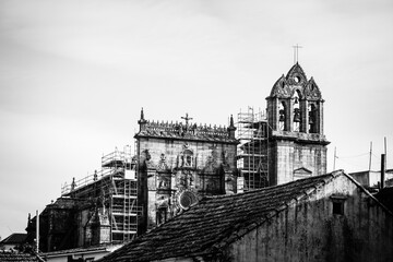 View of the church of Santa Maria, with scaffolding for the repair process, in the city of Pontevedra (Spain)