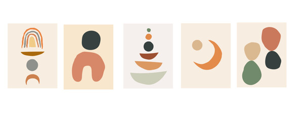 Collection of modern simple abstractions with geometric shapes in pastel colors on a beige background