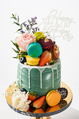 birthday cake with candles and flower,Macarons food anniversary concept cover banner background.vertical background.