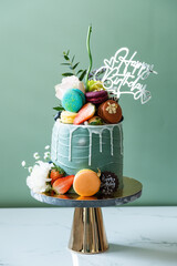 birthday cake with candles and flower,Macarons food anniversary concept cover banner background.vertical background.