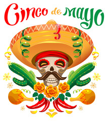 Cinco de mayo mexican holiday template greeting card. Lettering text and skull in sombrero