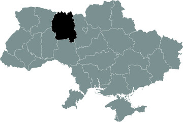 Black flat blank highlighted locator map of the Ukrainian administrative area of ZHYTOMYR OBLAST inside gray flat map of UKRAINE