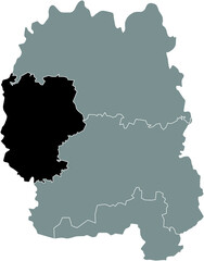 Black flat blank highlighted location map of the NOVOHRAD-VOLYNSKYI RAION inside gray raions map of the Ukrainian administrative area of Zhytomyr Oblast, Ukraine