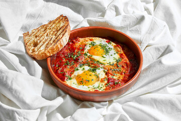 Shakshuka eggs with tomatoes in a plate on a white sheet. Hard light