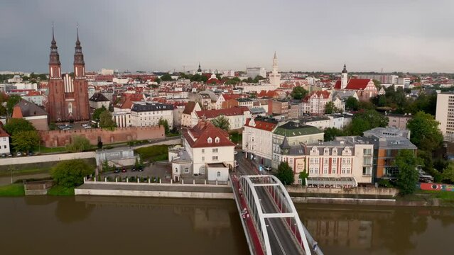 Opole, drone aerial view of Old Town, Cathedral, City Hall. late summer day. Drone jib, crane movement shot. Real time 4k.