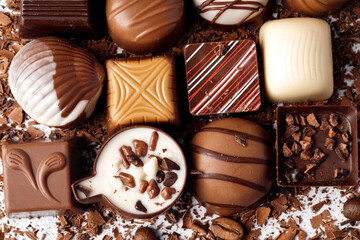 Chocolate candies and chocolate pieces pile for background