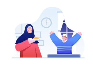 Mother serves iftar food for her child. Children are happy when iftar time after fasting. Can be used for web, landing page, animation, book, presentation, social media, etc.