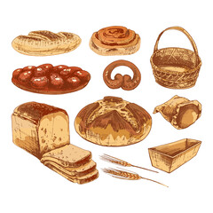 603_bread, basket Bread and bakery products, vector icons of baked bread, rye and wheat, pretzel, braided buns
