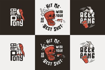 Beer pong game. T-shirt prints with beer cup skull and ball with foam splash. Design of alcohol sport with throw and drink. College challenge with booze