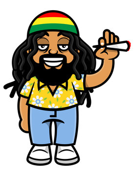 Cartoon illustration of dreadlocks man wearing beanie hat with rastafari flag colors smoking marijuana, best for mascot, sticker, and logo with reggae music themes