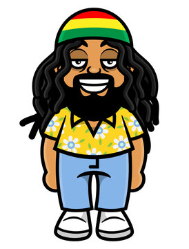 Cartoon illustration of dreadlocks man wearing beanie hat with rastafari flag colors and summer shirt, best for mascot, sticker, and logo with reggae music themes