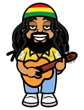 Cartoon illustration of dreadlocks man wearing beanie hat with rastafari flag colors playing acoustic guitars, best for mascot, sticker, and logo with reggae music themes