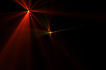Abstract sun burst, digital flare, iridescent glare over black background.