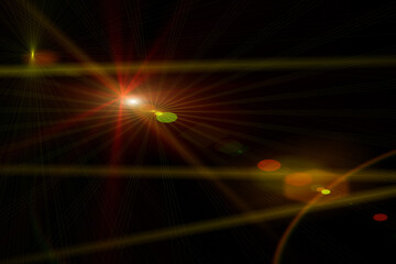 Abstract sun burst, digital flare, iridescent glare over black background.