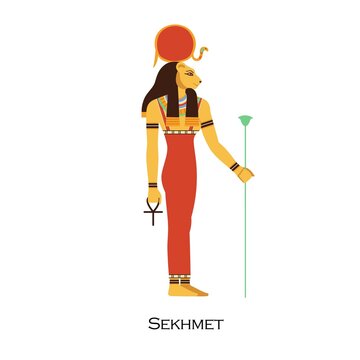 Sekhmet, Ancient Egyptian goddess with lioness head and solar disk. Woman deity of warriors and healing. Old Egypts mythology character. Flat vector illustration isolated on white background