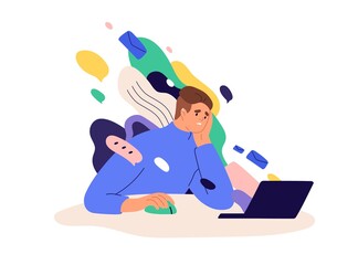 Obraz premium Information overload and data excess concept. Stressed person in info flood, reading multiple internet media, news and lot of online messages. Flat vector illustration isolated on white background