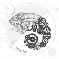 Realistic and punk style chameleon illustration. Chameleon silhouette with gears. Vector illustration