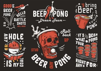 Beer pong game set. Prints with beer cup skull and ball with foam splash. Design of alcohol sport with throw and drink. College challenge with booze