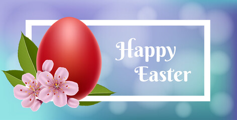Easter frame with red egg and pink cherry flower. Horizontal banner for spring celebration
