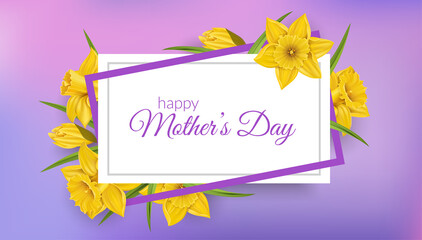 Mother's day greeting card with purple background and yellow daffodil flower. Horizontal banner frame for spring celebration.