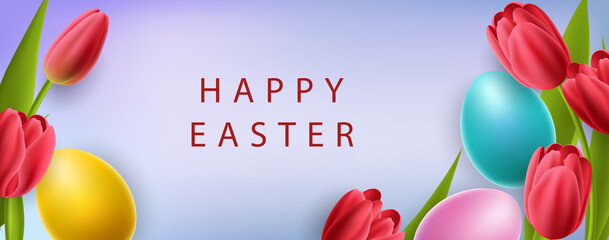 Easter frame banner with colorful eggs and red tulips. Horizontal banner for Easter celebration  - 493410192