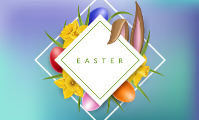 Easter banner with rabbit ears, colorful eggs and yellow daffodil flower. Square frame for spring celebration