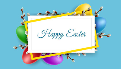 Easter frame with colorful eggs and catkin. Horizontal banner for Easter celebration on blue background - 493410195