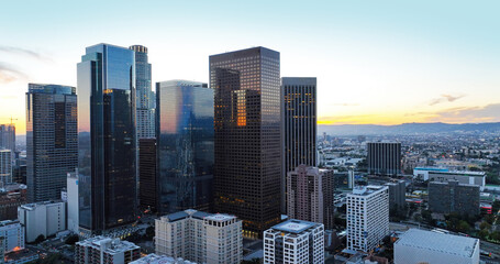 Los Angels downtown skyline, panoramic city skyscrapers, downtown skyline at sunset. - obrazy, fototapety, plakaty