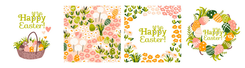 Happy Easter. Set with wreath,  basket, painted eggs, flowers, herbs, grass.  Spring greeting cards with text. Seamless pattern. Hunt eggs.