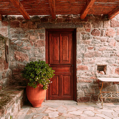 Fototapeta na wymiar A brown wood door of a stone house with pergola and a potted plant, Pachia Rachi village, Aegina island, Greece