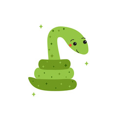 Cute baby snake. Funny vector illustration with wild exotic animal - green python drawn in doodle style and isolated on white background for printing on kids textile, cards or stickers