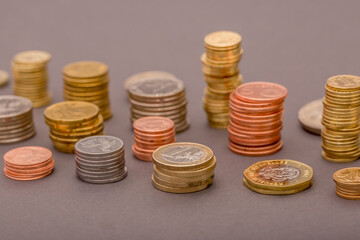 Money US dollars and Euro Coins, different monetary coins, a lot of different money finance banknotes of different countries