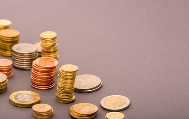 Money US dollars and Euro Coins, different monetary coins, a lot of different money finance banknotes of different countries