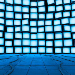 Monitor wall background - 3D illustration of wall of glowing blank computer screens - 493411736