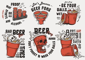 Beer pong wih craft mug with foam and ball. Beer game with skull and skeleton hand for drink party or sport alcohol bar