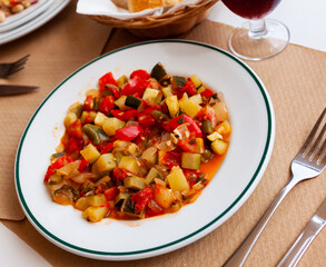 Stew with peppers, zucchini and zucchini in plate.Traditional Hungarian dish called lecho