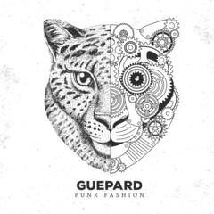 Realistic and punk style cheetah face illustration. Cheetah face silhouette with gears. Vector illustration