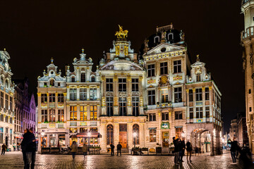 A view of the Grand Place at night, Brussels, Belgium. the central square of Brussels capital city, surrounded by opulent guildhalls	