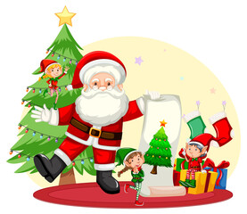 Santa Claus with elves in cartoon style