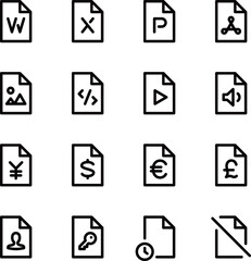 さまざまなファイルのアイコンのセット オフィス書類や画像、動画、音声、コードなどのメディアタイプ、通貨やユーザー、キーファイルや履歴