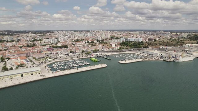High angle view of Doca do Comércio marina and city in Setubal, Portugal