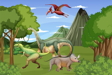 Scene with dinosaurs in forest