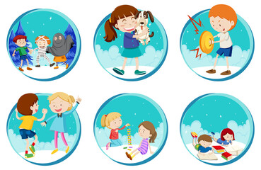 Set of Little boy and girl playing on white background